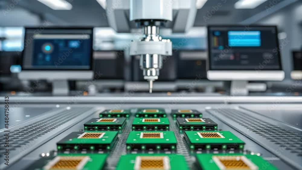 Poster a robotic arm is precisely placing components onto microchips in a high-tech manufacturing facility,