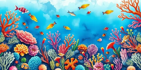 Naklejka premium Vibrant watercolor coral reef seamless pattern featuring diverse marine life and plants, coral reef, fish