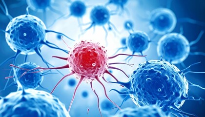 leukocytes attacking a Cancer Cell as oncology or Malignant Cancerous Growth and Metastasis anatomy concept as white blood cells inside the human body