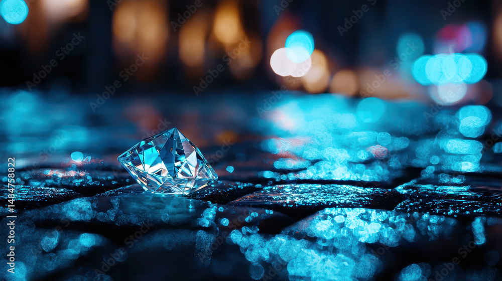 Poster sparkling diamond rests on wet cobblestone surface, illuminated by soft blue lights, creating romant