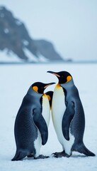 Fototapeta premium Penguins huddled together on snowy landscape, cold wind blowing, icy, nature