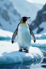 Naklejka premium Penguin waddling on Antarctic ice sheet with frosty air and sparkling snowflakes, ice, nature