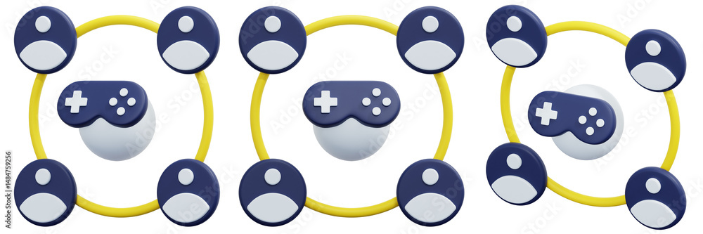 Poster set of abstract 3d illustration of online gaming network with avatars and gamepad 3d render icon ill