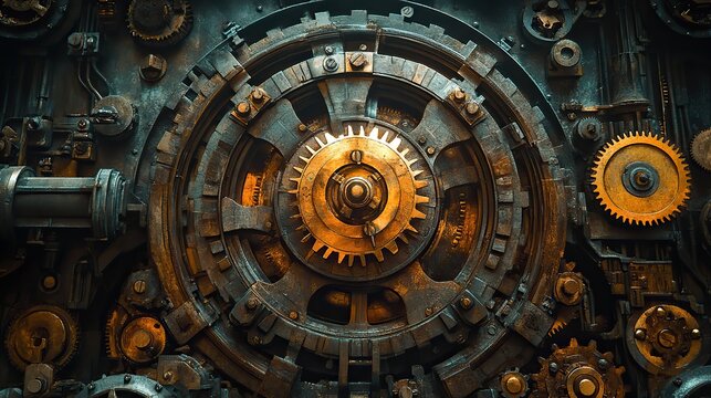 Bronze gears grind within the heart of an enormous clockwork automaton, its intricate movements a testament to forgotten engineering, a mechanical giant in repose