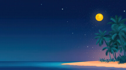 Serene moonlit beach scene with palm trees, stars, and glowing moon reflecting on calm waters creates tranquil atmosphere