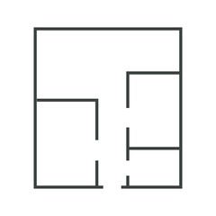 Floorplan simple icon room flat apartment line drawing, floor plan project, symbol. Technical architecture draw. Structure shape, build layout with doors and windows.