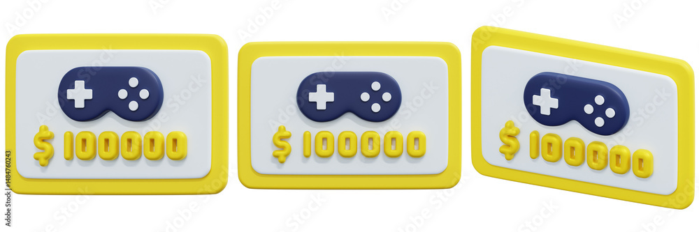 Poster set of 3d rendered yellow game prize cards with blue game controller and 100000 dollars 3d render ic