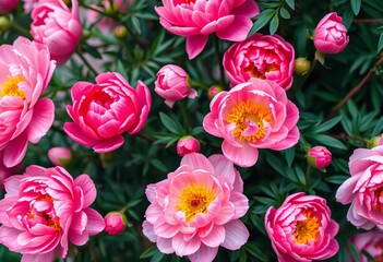 Obraz premium Vibrant pink & pastel peony blossoms, full bloom, live wall banner background, soft, beautiful