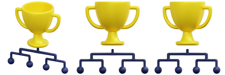 Set of Gold Trophies with Branching Network Chart 3d Render Icon Illustration