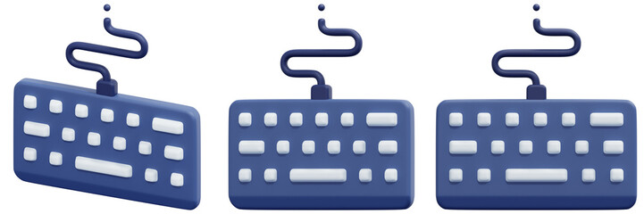 Set of Blue Keyboards with Cables 3d Render Icon Illustration