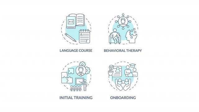 Education blue concept icons animation set. Trainings for corporate employees and student. Psychological support. Cyan circular animated abstract ideas. HD video collection with alpha channel