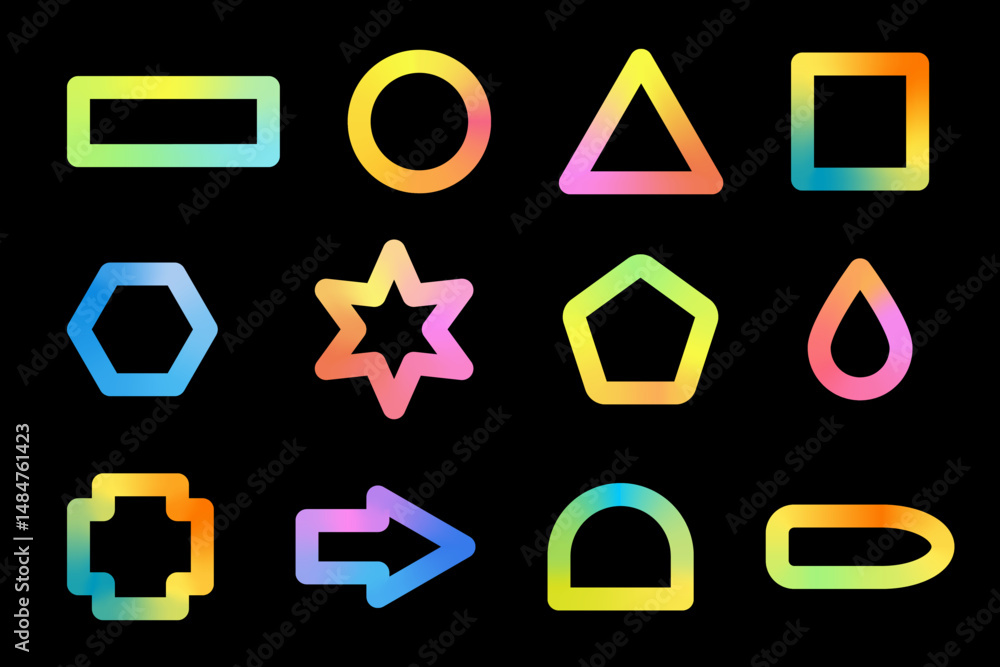 Poster trendy gradient geometric shapes set. collection of rainbow color linear vector icon isolated on bla