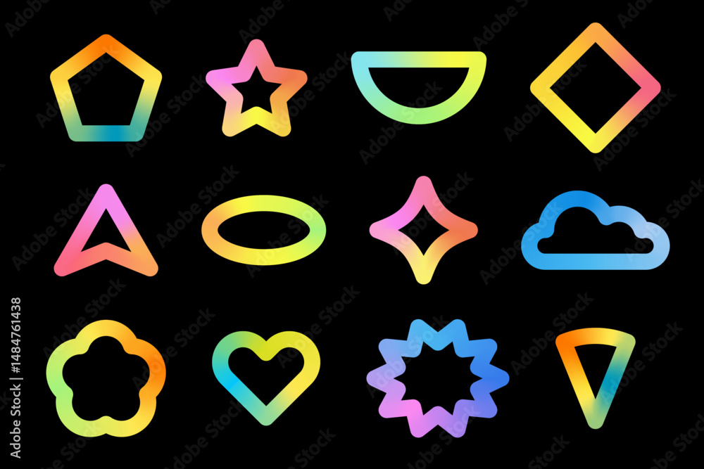 Aufkleber trendy gradient geometric shapes set. collection of rainbow color linear vector icon isolated on bla
