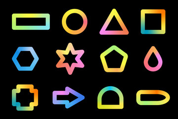 Trendy gradient geometric shapes set. Collection of rainbow color linear vector icon isolated on black background