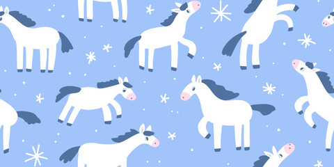 Seamless pattern with cute white horses and snowflakes. Christmas funny background