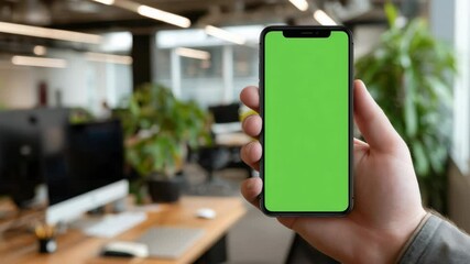 Hand holding smartphone with green screen display for app promotion in office environment mockup