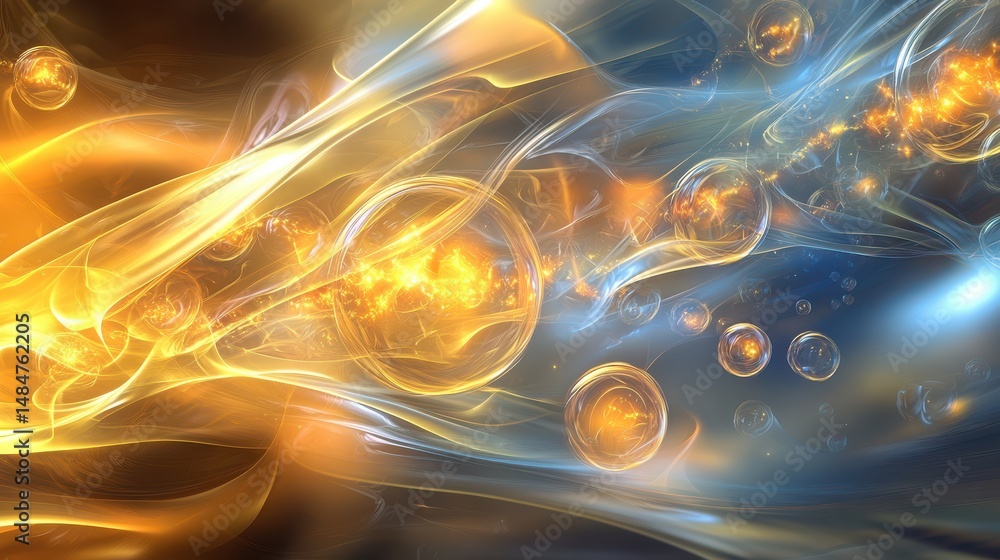 Poster imaginary waves of light and color with shimmering bubbles in a dreamlike abstract background