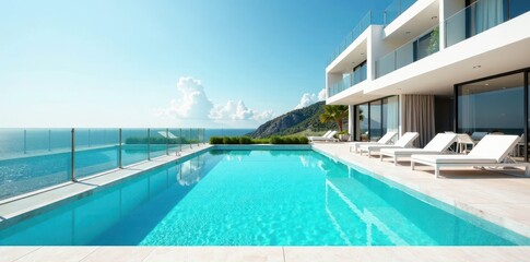 Fototapeta premium Pool at rooftop hotel with turquoise waters and white lounge chairs, Cancun architecture, hotel