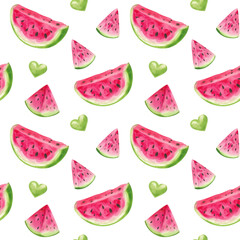Watercolor illustration set, watermelon, leaves, seamless pattern. Hand drawn watermelon pieces and slices, wooden skewer for design, postcards, menu.