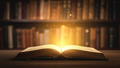 Fototapeta premium Illuminating knowledge open book library magical atmosphere close-up enlightenment