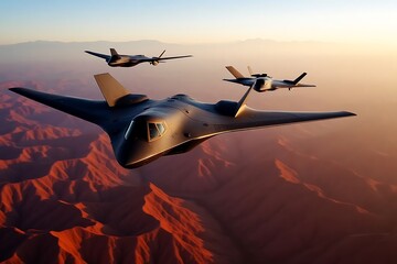 Aerial view of stealth bombers in tight formation over desert canyons.
