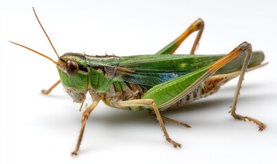 Green grasshopper showcasing its vibrant color against a pristine white backdrop, highlighting nature's intricate design in fine detail