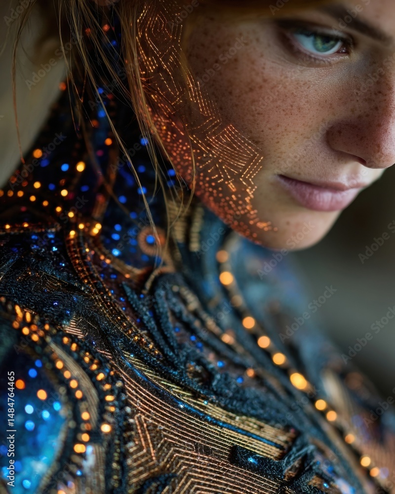 Leinwandbilder Close Up of Woman's Face and Skin Adorned with Glowing Digital Circuit Patterns Representing Technology Connection and Future Identity : Generative AI
