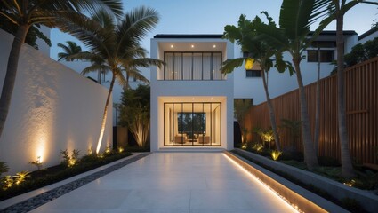 Naklejka premium Captivating modern bangkok luxury townhouse exterior at night showcasing elegant lighting and contemporary design elements in a high fidelity visual presentation