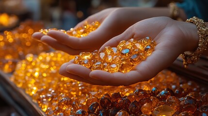 Citrine rings sparkle on the fingers of shoppers in a bustling marketplace, their sunny color uplifting spirits