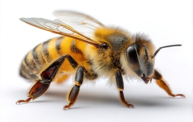 Dazzling beauty of a bee captured in high-resolution close-up on a pristine white background showing intricate details of its body
