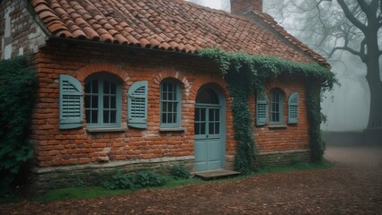 Charming rustic single-story brick house facade showcasing beautiful architectural details and warm earthy tones surrounded by lush greenery and inviting outdoor space
