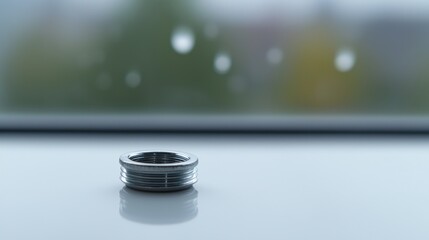 A silver metal ring with a hole in the middle sits on a white surface.
