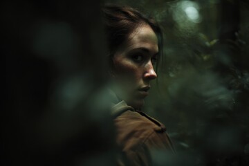 Woman With Freckles Looking Back in a Forest Setting, Representing Mystery and Introspection for Storytelling and Editorial Use : Generative AI