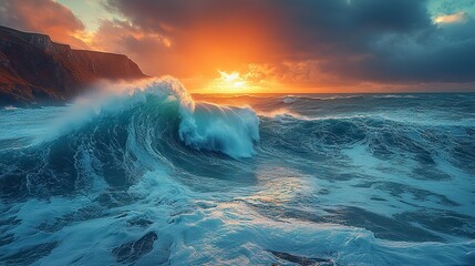 Cobalt waves crash against a rugged coastline, unleashing the raw power of the ocean's embrace