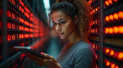 Woman monitoring data servers with tablet in modern server room environment.