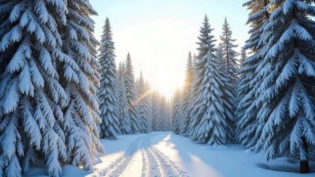 snow covered conifer forest at sunny day
