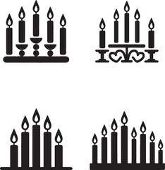 Black candle sets with flame in different arrangements isolated on white background