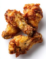 Delightful trio of crispy fried chicken wings showcasing golden-brown perfection ready to be savored
