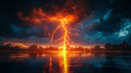 Intense lightning strike hits lake during stormy sunset rainfall scene.