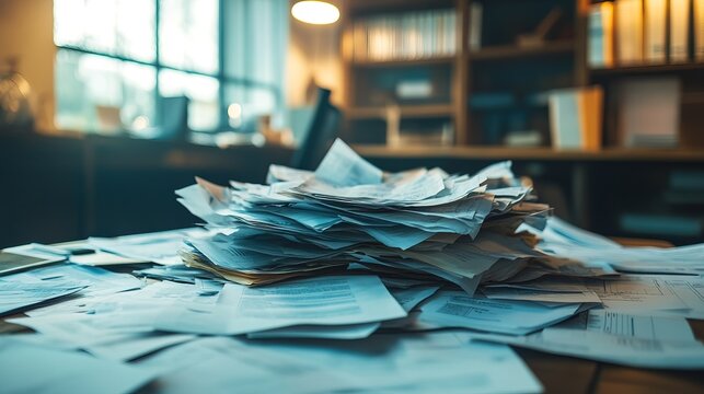 A pile of crumpled business plans scattered across a desk