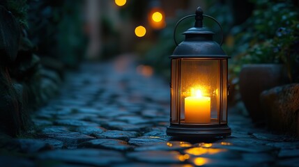 Copper lanterns cast a warm glow on a cobblestone street at night, illuminating the way for unseen travelers, a feeling of comfort and guidance in the darkness