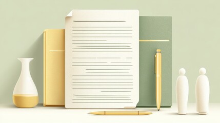 Minimalist desk setup with stationery, ceramic vase, and figurines - creative workspace for productivity, inspiration, and business concepts.