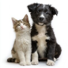 Adorable kitten and playful border collie puppy share a moment of friendship on a soft white backdrop
