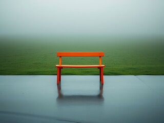 Bright orange wooden bench reflecting on wet pavement with green grass and overcast sky