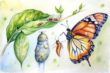 Watercolor painting shows monarch butterfly eggs, chrysalis, larva, and the emerged butterfly on leaves