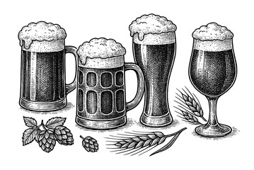 Vintage engraving of beer mugs with foam and hops, classic brewery elements vector illustration isolated on transparent background
