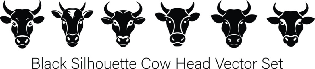 Black Silhouette Cow Head Vector Set. Bold Bull Face Clipart for Farm Logo, Ranch Branding, Agriculture Designs, and Livestock Icons