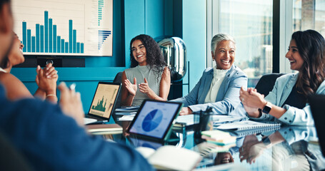 Meeting, team and applause with business people in office for success, growth performance and...