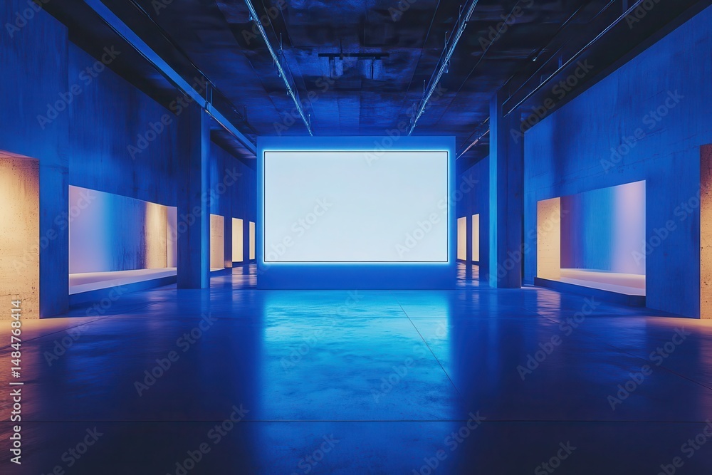 Poster an empty exhibition hall features a large blank screen and window displays. this image is perfect fo