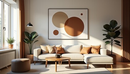 Modern Living Room Interior in Earth Tones with Sectional Sofa and Natural Light for Home Decor Inspiration